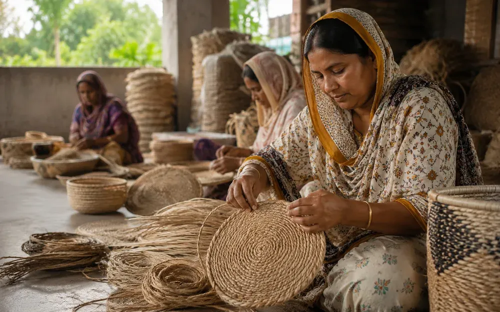 Artisan hand-weaving natural fiber products in Bangladesh