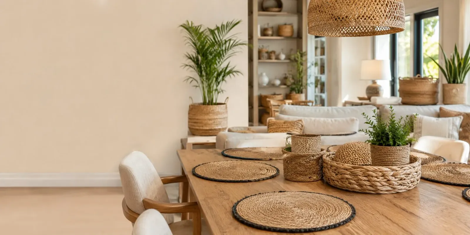 Natural-fiber woven placemats and baskets styled on a dining table in a warm interior