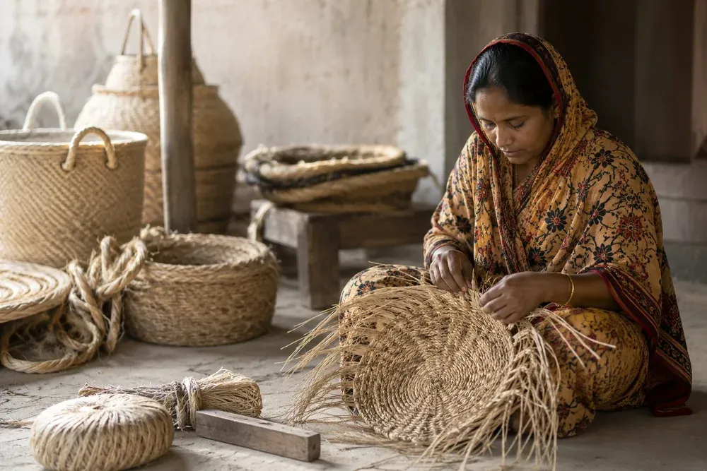 Artisan hand-weaving natural fiber baskets in Bangladesh