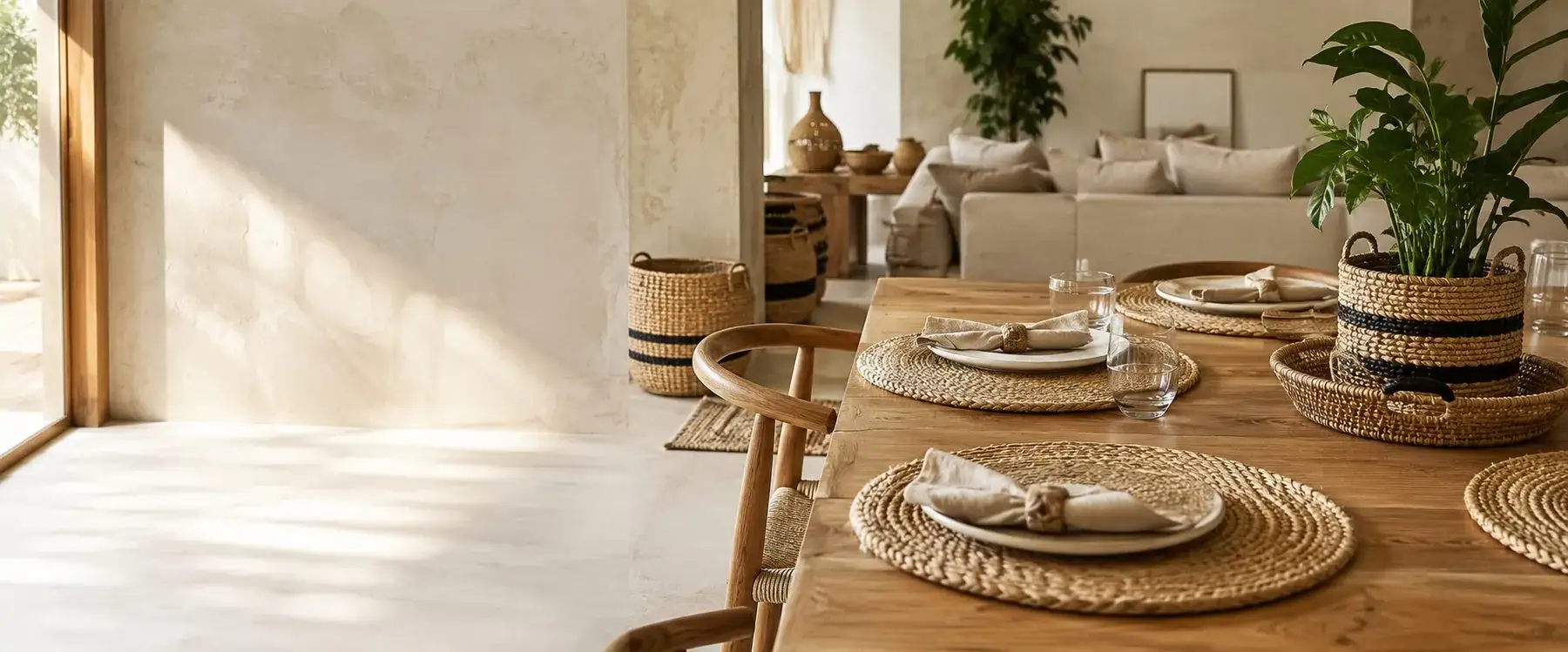 Natural-fiber home décor styled in a warm dining interior