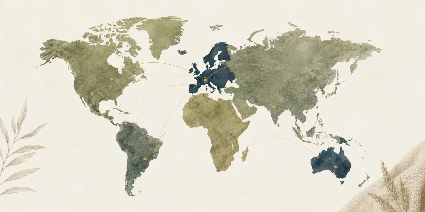 Stylized world map showing JUTORIA's international market regions