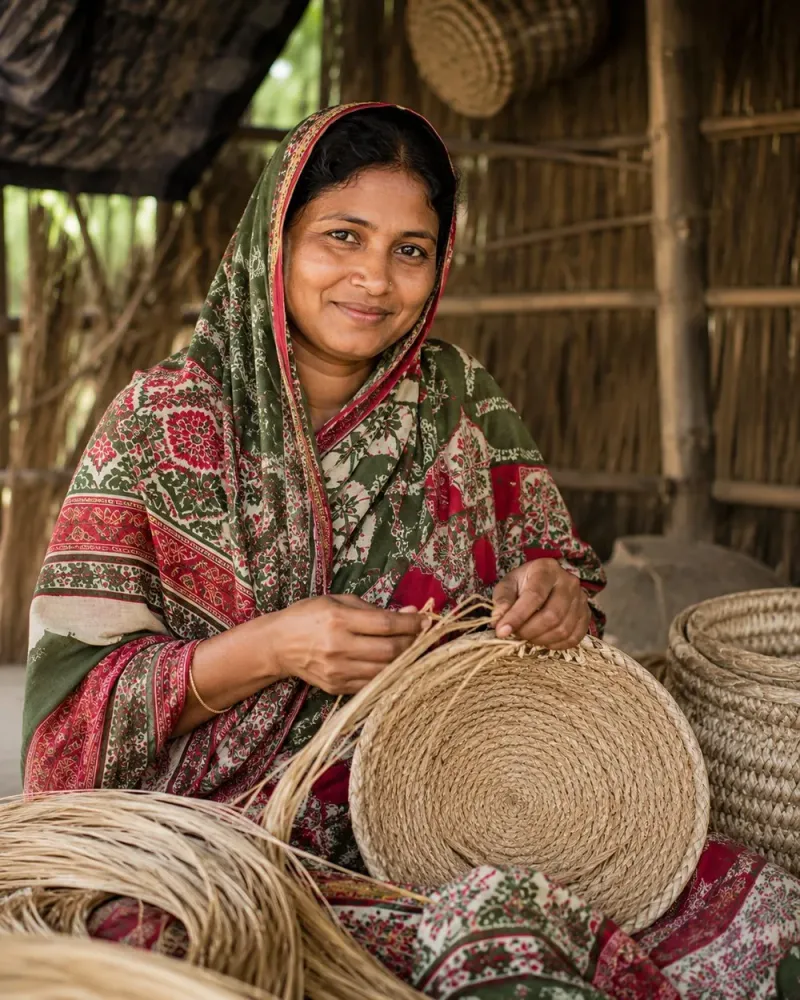 Bangladeshi rural woman artisan in her natural-fiber craft workspace
