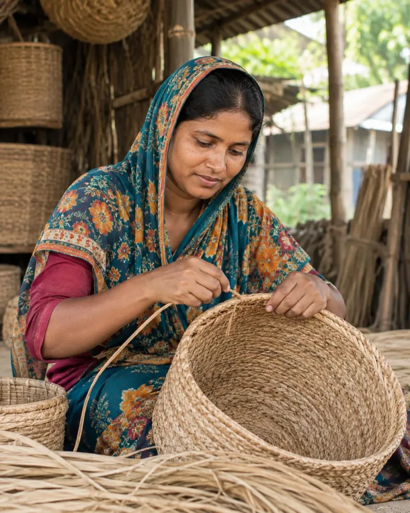 Bangladeshi rural woman artisan working with natural fibers