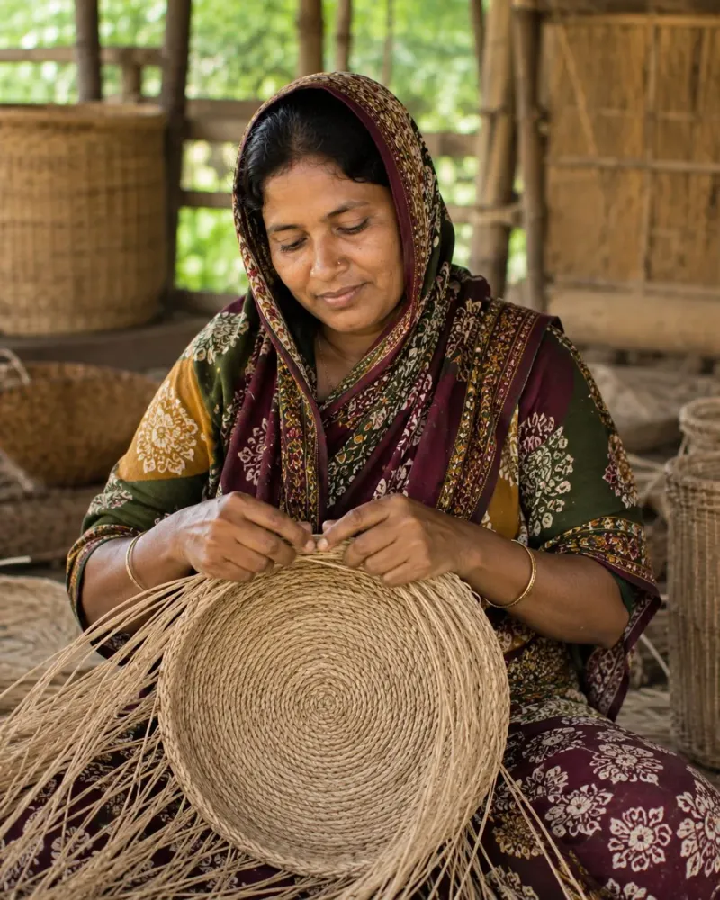 Bangladeshi rural woman artisan holding handmade natural-fiber craft