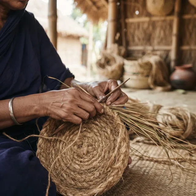 Close-up detail of handmade natural-fiber weaving