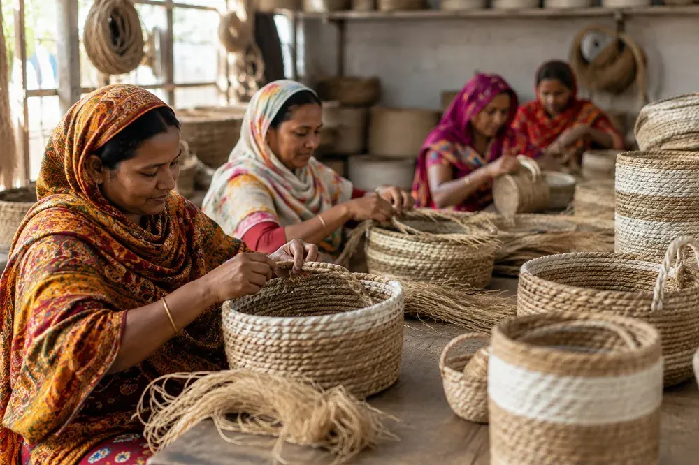 JUTORIA artisans hand-weaving natural fiber baskets in Bangladesh