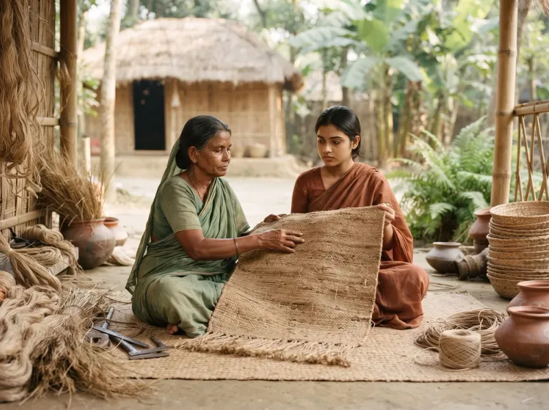 Bangladeshi women artisans with a finished handmade natural-fiber product