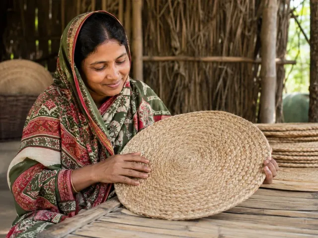 Artisan hands examining a finished natural-fiber craft