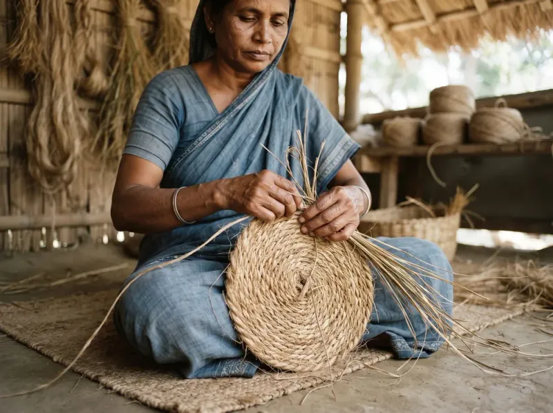Close-up of artisan hands weaving natural fiber