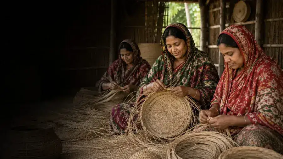 Bangladeshi artisans hand-weaving natural fibre home décor for JUTORIA