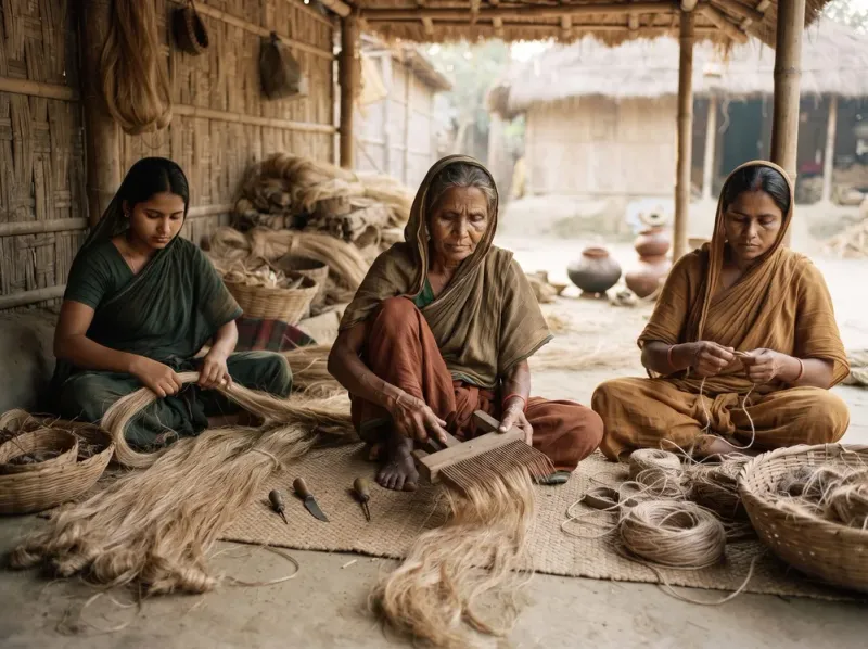 Rural Bangladeshi women preparing natural fibers by hand