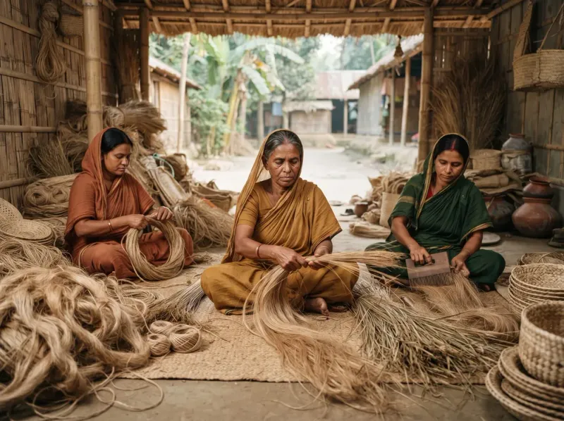 Bangladeshi artisans preparing natural fibers for handmade craft
