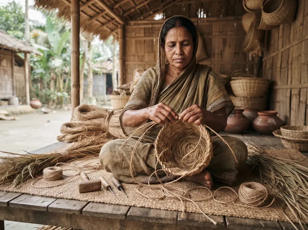 Bangladeshi woman artisan working by hand with natural fiber