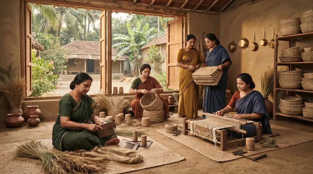 Bangladeshi women artisans weaving natural fiber by hand