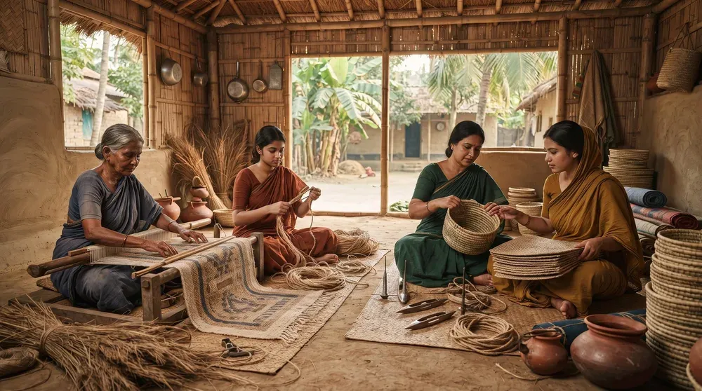 Bangladeshi women artisans working together in a natural-fiber workshop