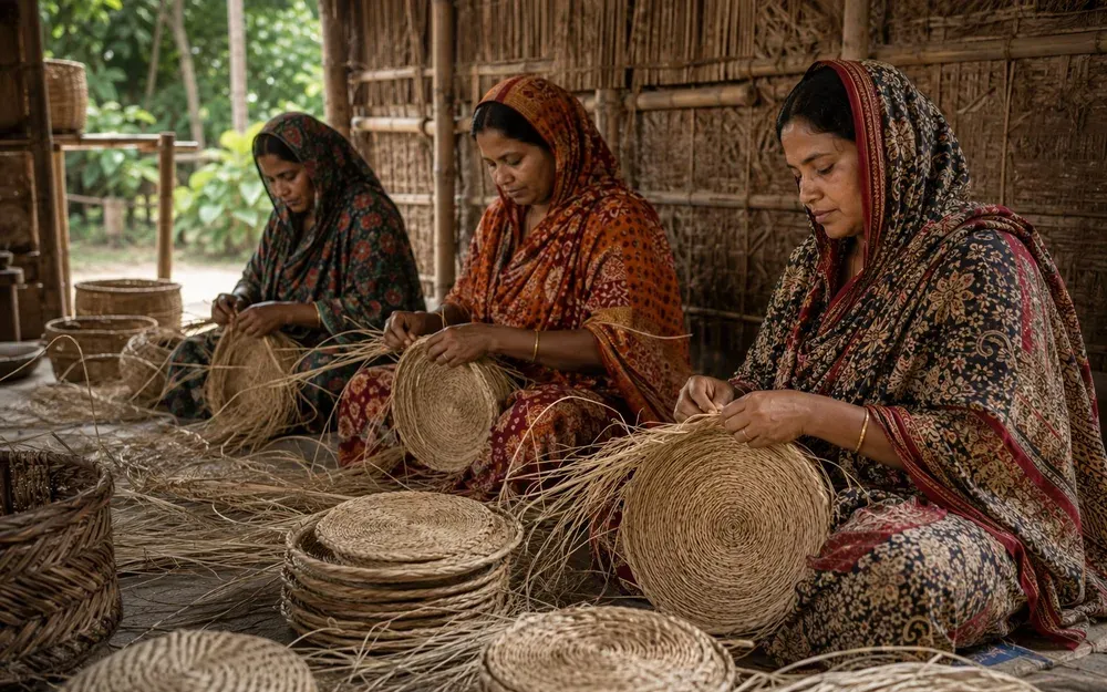 Bangladeshi artisans creating natural-fiber handicrafts