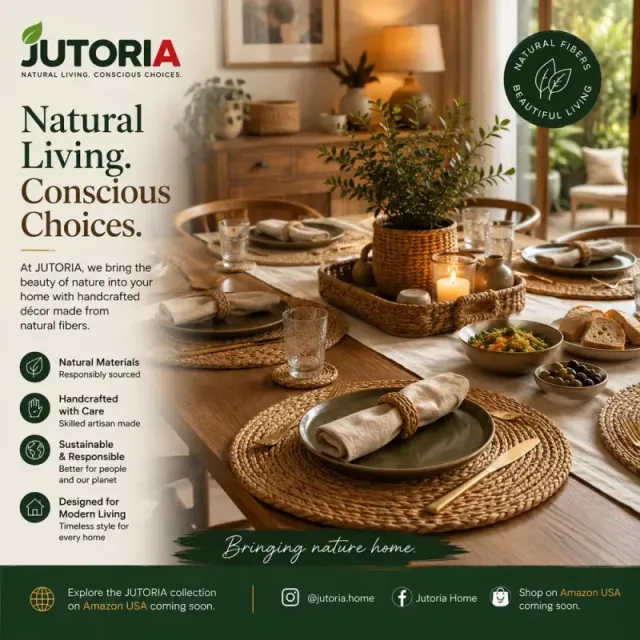 JUTORIA woven placemats and baskets on a dining table