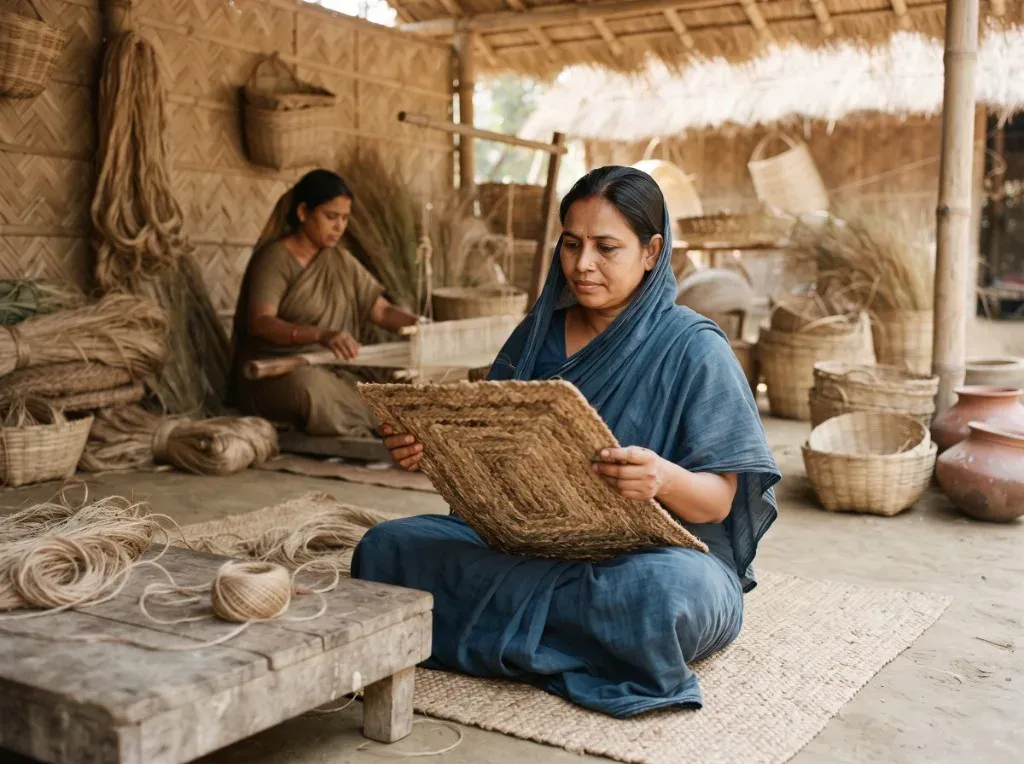 Bangladeshi woman artisan with a finished woven home décor piece