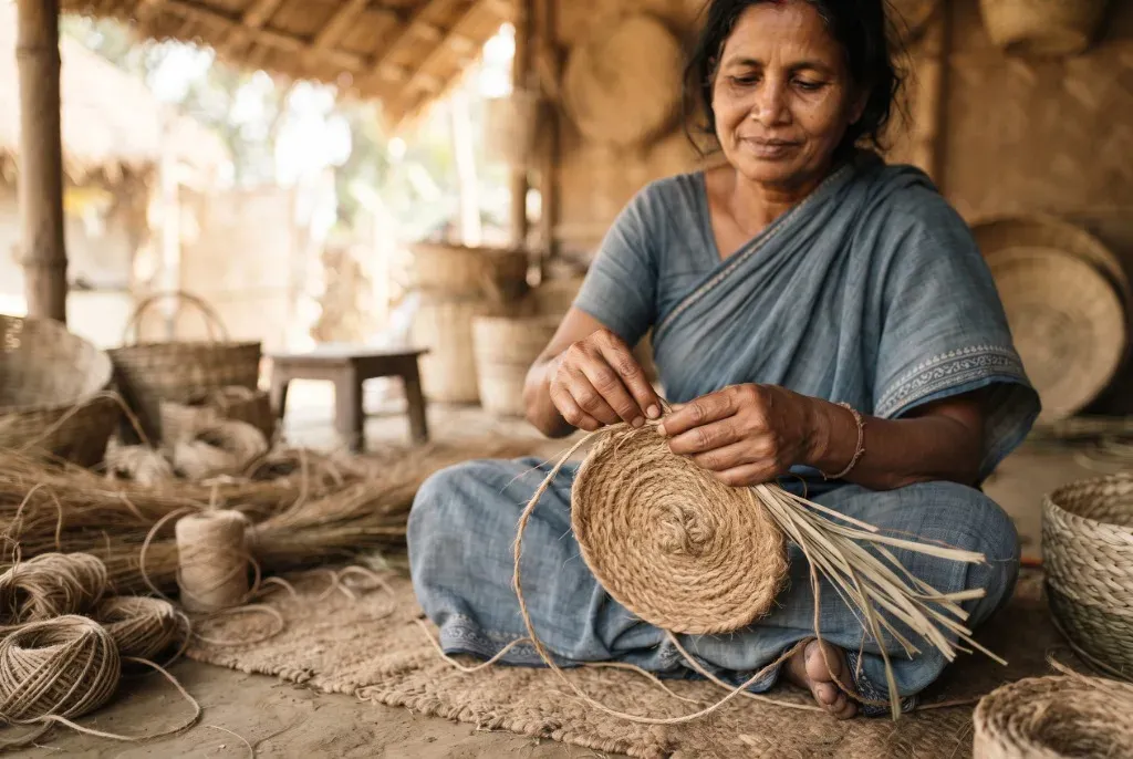 Bangladeshi woman artisan hand-weaving a natural fiber product