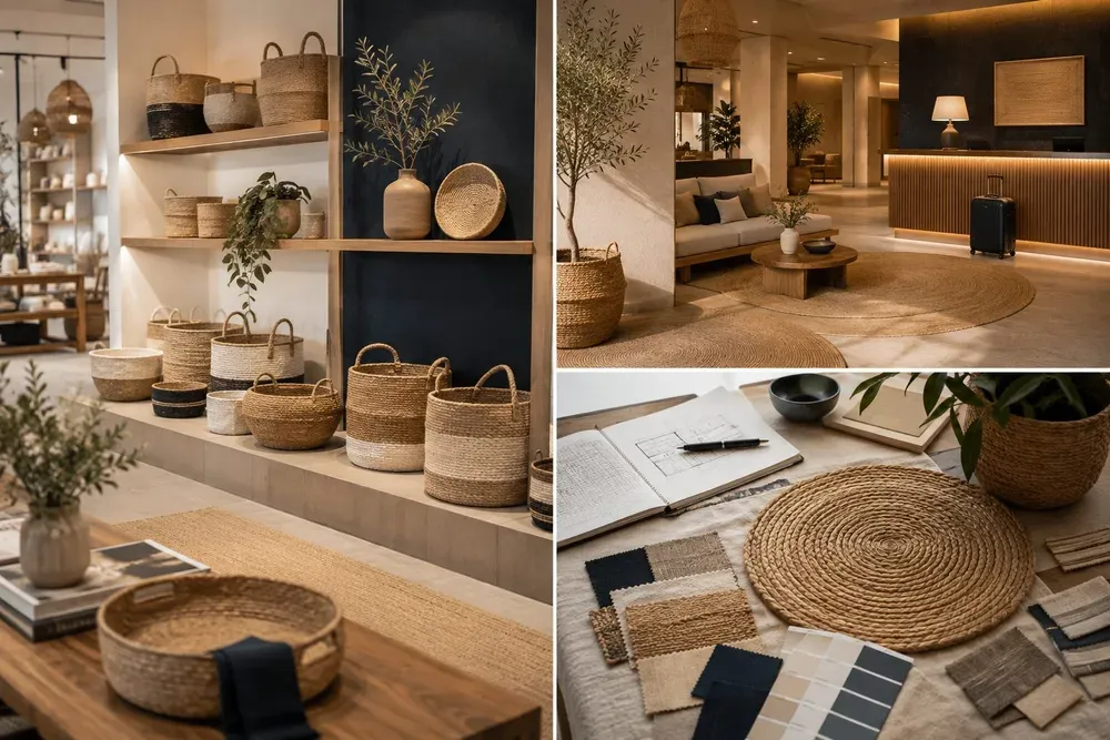 JUTORIA natural-fiber pieces in retail display, hospitality and design settings