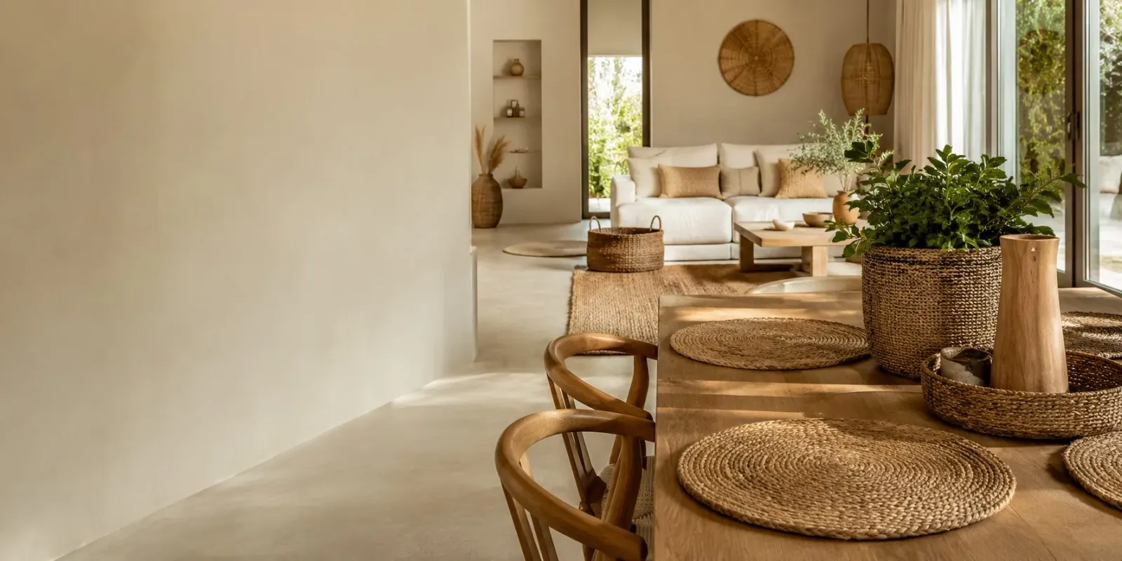 Natural-fiber woven placemats, baskets and décor styled in a warm, modern interior