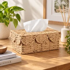 Handwoven Rattan Tissue Box Cover, Rectangular Scalloped Design, beige / natural tan colour – image 3