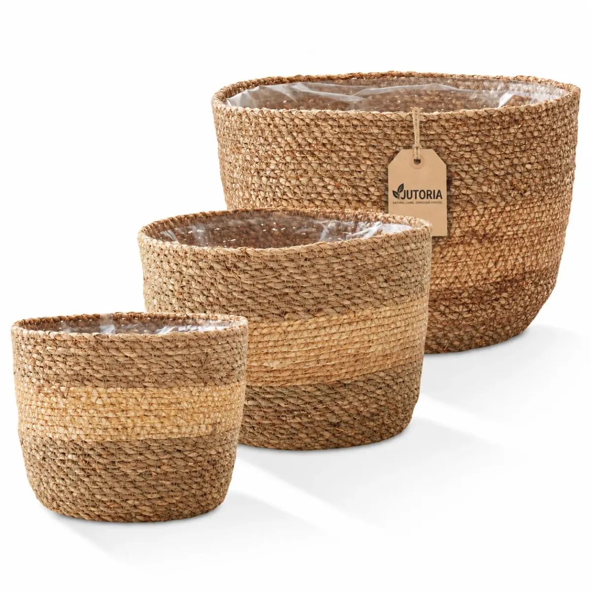 Two-Tone Woven Seagrass Planter Basket Set of 3, natural two-tone colour – image 2