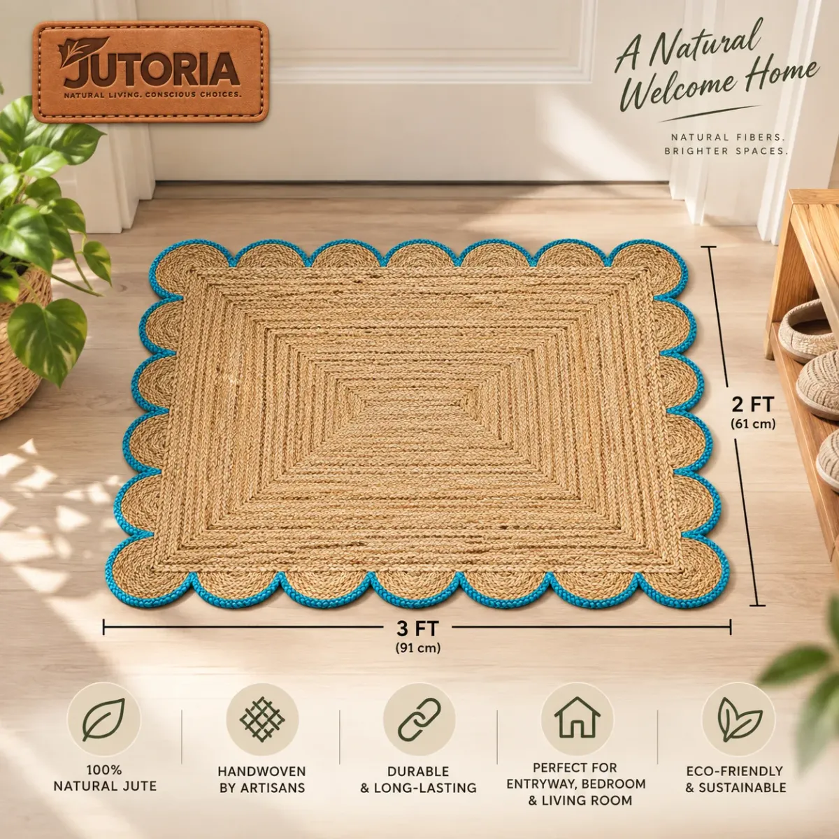 Handwoven Scalloped Natural Jute Area Rug, 2 × 3 ft, beige / natural colour – image 3