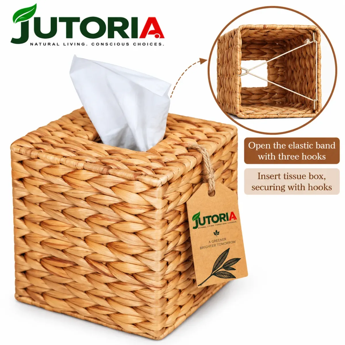 Natural Water Hyacinth Handwoven Tissue Box Cover – Square Woven Tissue Holder – image 2