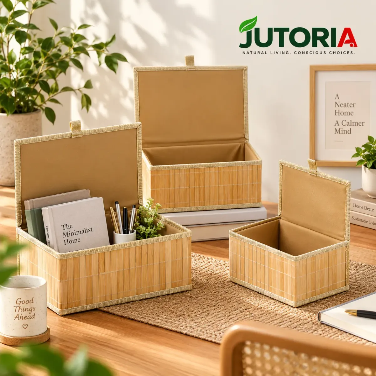 Natural Bamboo Lidded Storage Basket Set, wooden beige / natural beige colour – image 3