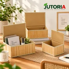 Natural Bamboo Lidded Storage Basket Set, wooden beige / natural beige colour – image 3