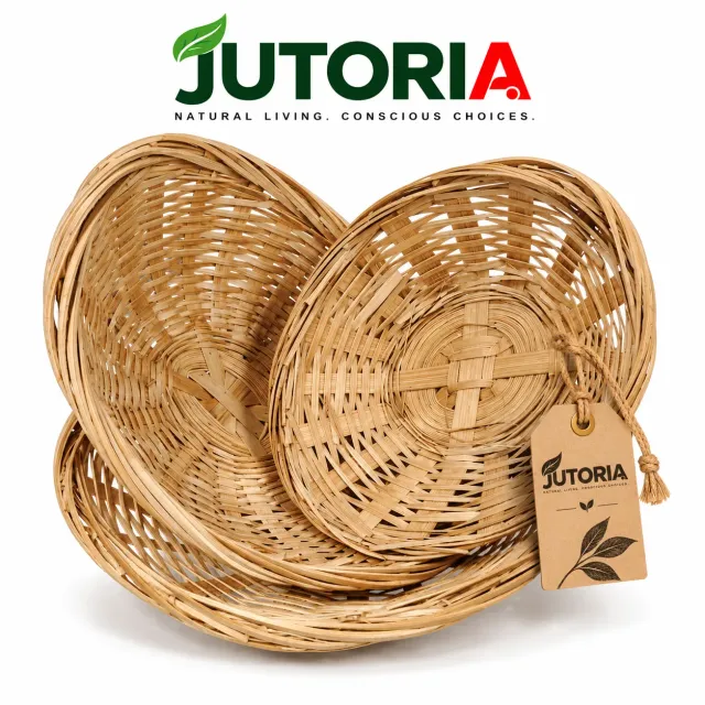 Natural Woven Bamboo Oval Fruit Basket Set – 3 Pieces, natural / light brown colour