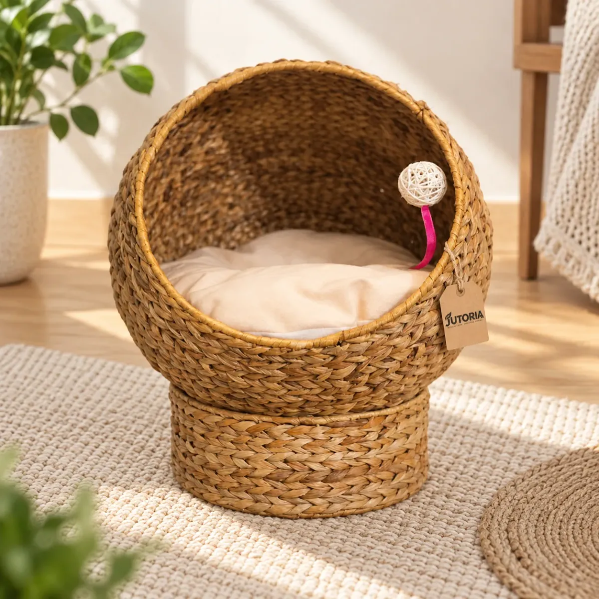 Natural Woven Rattan Pet House & Cozy Cat Bed, natural tan / natural colour