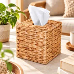 Natural Water Hyacinth Handwoven Tissue Box Cover – Square Woven Tissue Holder – image 3