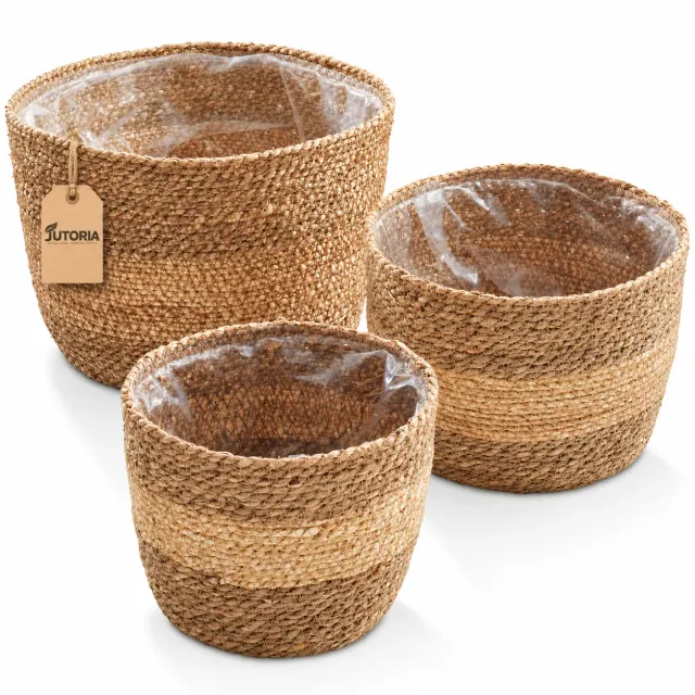 Two-Tone Woven Seagrass Planter Basket Set of 3, natural two-tone colour