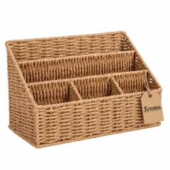 Woven Rattan Desk Organizer & 5-Slot Mail Holder, natural wicker colour