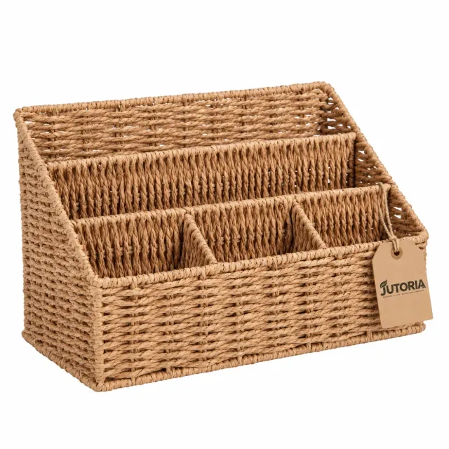 Woven Rattan Desk Organizer & 5-Slot Mail Holder, natural wicker colour