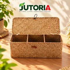 Handwoven Seagrass Storage Basket with Lid & 3 Compartments, natural colour – image 3