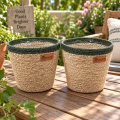 Woven Jute Beige & Green Lined Planter Baskets, Set of 2 – image 2