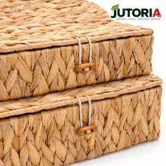 Natural Water Hyacinth Rectangular Storage Basket with Lid – Flat Woven Organizer – image 2