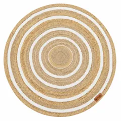 Hand-Braided Beige & White Striped Round Jute Rug, beige with white stripes colour