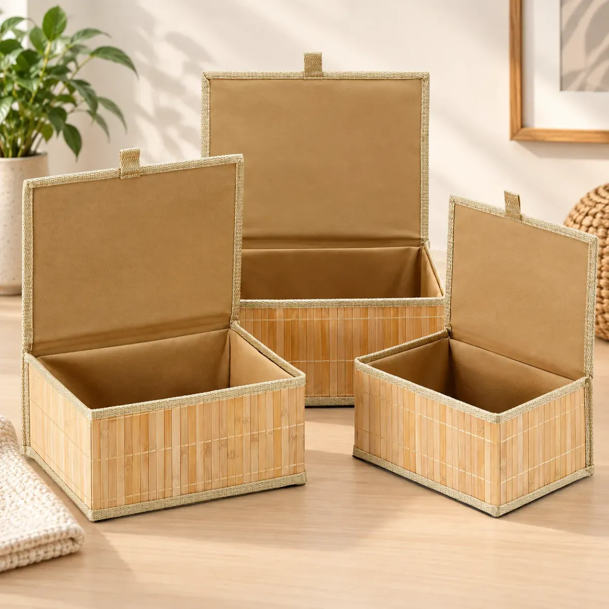 Natural Bamboo Lidded Storage Basket Set, wooden beige / natural beige colour – image 2