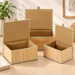Natural Bamboo Lidded Storage Basket Set, wooden beige / natural beige colour – image 2
