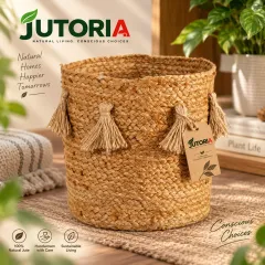 Boho Natural Jute Hand-Woven Planter Basket with Tassels, natural beige colour