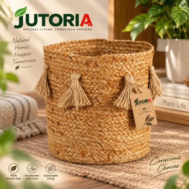 Boho Natural Jute Hand-Woven Planter Basket with Tassels, natural beige colour