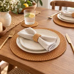 6-Piece Natural Rattan Charger Placemat Set with Napkin Rings, natural brown colour – image 2