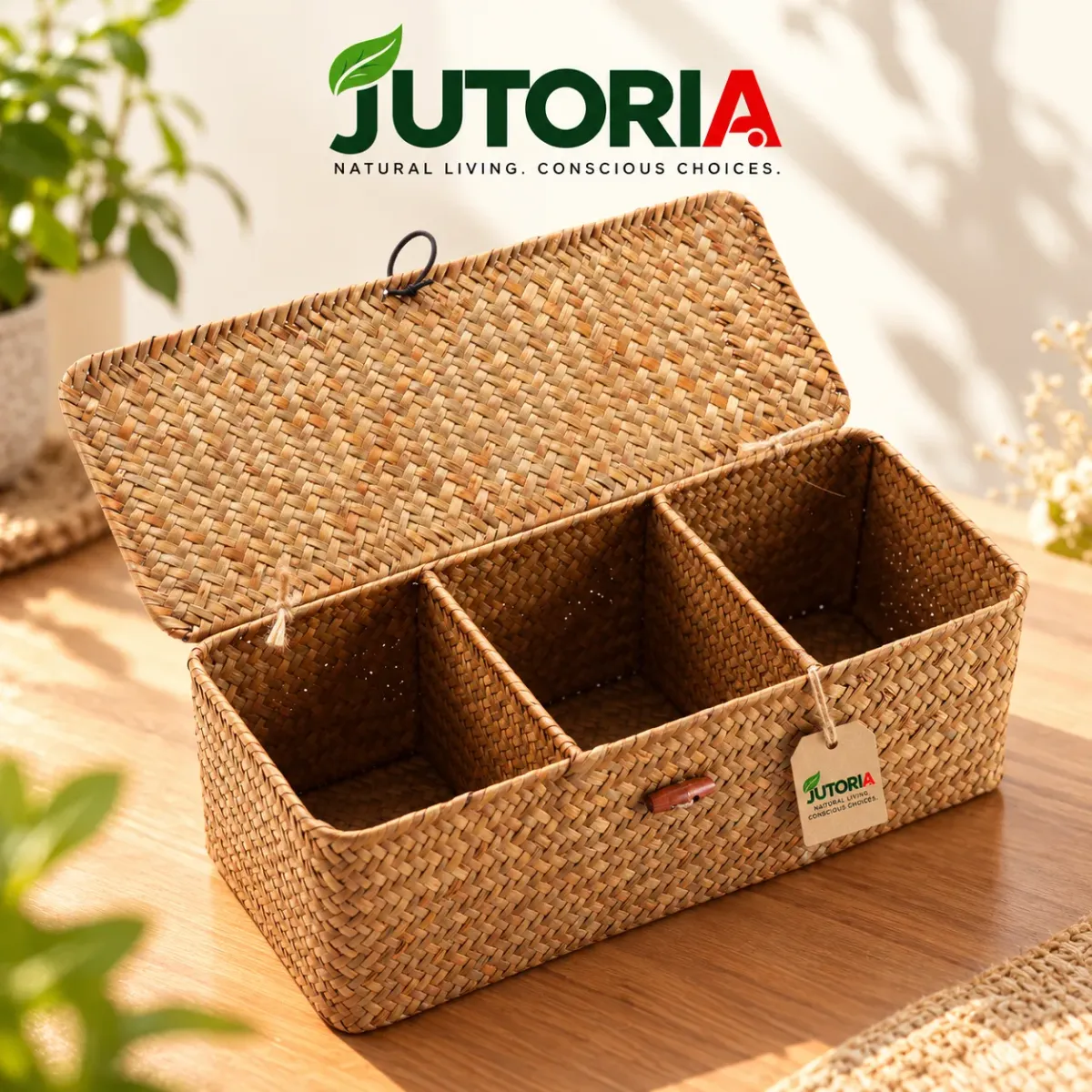 Handwoven Seagrass Storage Basket with Lid & 3 Compartments, natural colour – image 2