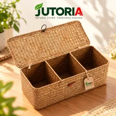 Handwoven Seagrass Storage Basket with Lid & 3 Compartments, natural colour – image 2