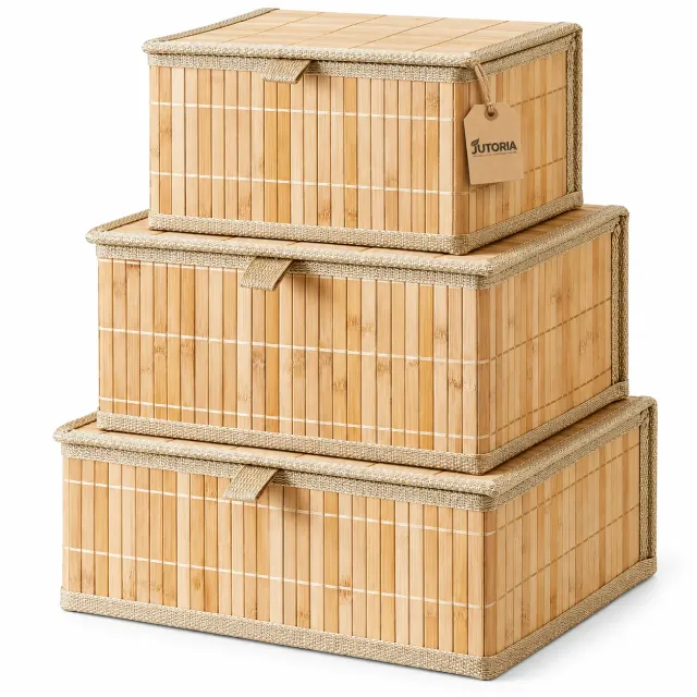 Natural Bamboo Lidded Storage Basket Set, wooden beige / natural beige colour