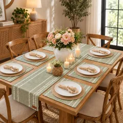 Boho Cotton & Seagrass Table Runner & Placemats Set of 6, jute, sage green colour